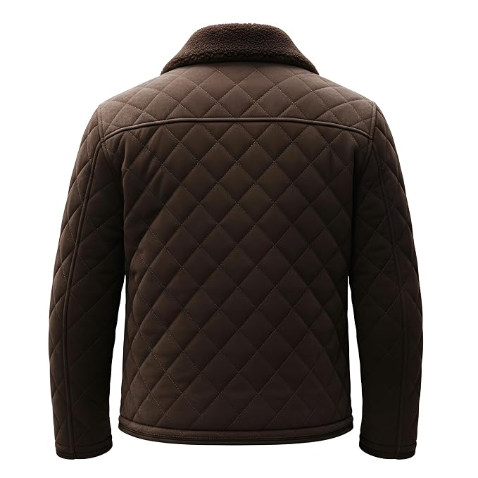Back view of the dusty brown Monarch Grain Suede Leather Jacket featuring a shearling collar, full-zip front, and diamond-quilted body.