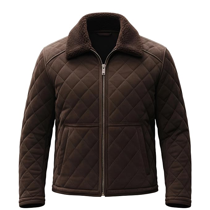 Front view of the dusty brown Monarch Grain Suede Leather Jacket featuring a shearling collar, full-zip front, and diamond-quilted body.