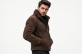 Side view of the dusty brown Monarch Grain Suede Leather Jacket featuring a shearling collar, full-zip front, and diamond-quilted body.