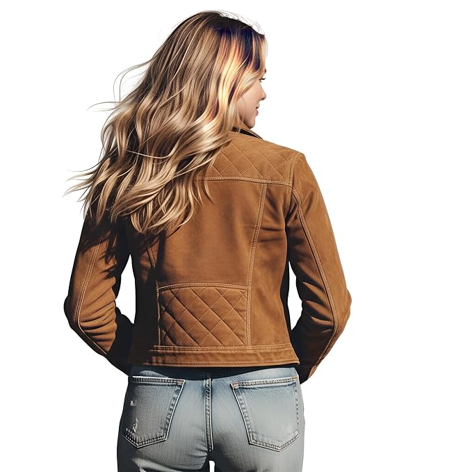 Monarchline women's warm tan brown genuine suede leather classic jacket featuring diamond-quilted shoulder yokes and chest flap pockets, point collar, metallic front zip closure, side welt pockets, and custom made-to-measure fitting across the UK, USA, and Australia.
