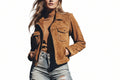Monarchline women's warm tan brown genuine suede leather classic jacket featuring diamond-quilted shoulder yokes and chest flap pockets, point collar, metallic front zip closure, side welt pockets, and custom made-to-measure fitting across the UK, USA, and Australia.