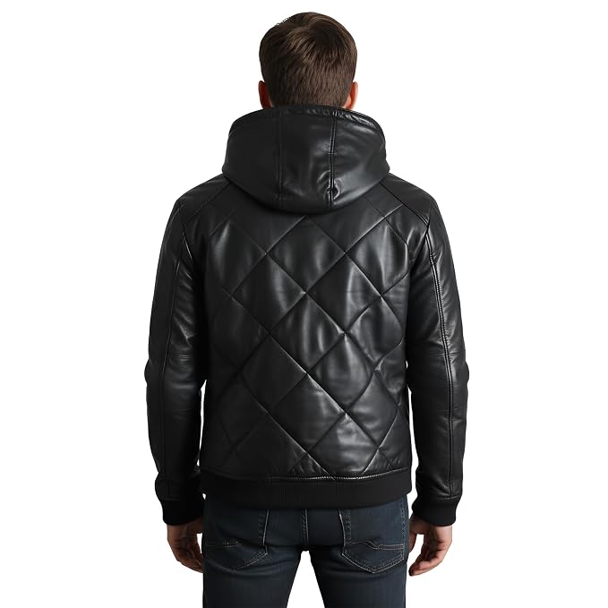 Back view of a man wearing the Night Forge Lambskin Leather Fashion Jacket featuring an attached hood, full-zip front, and quilted body.