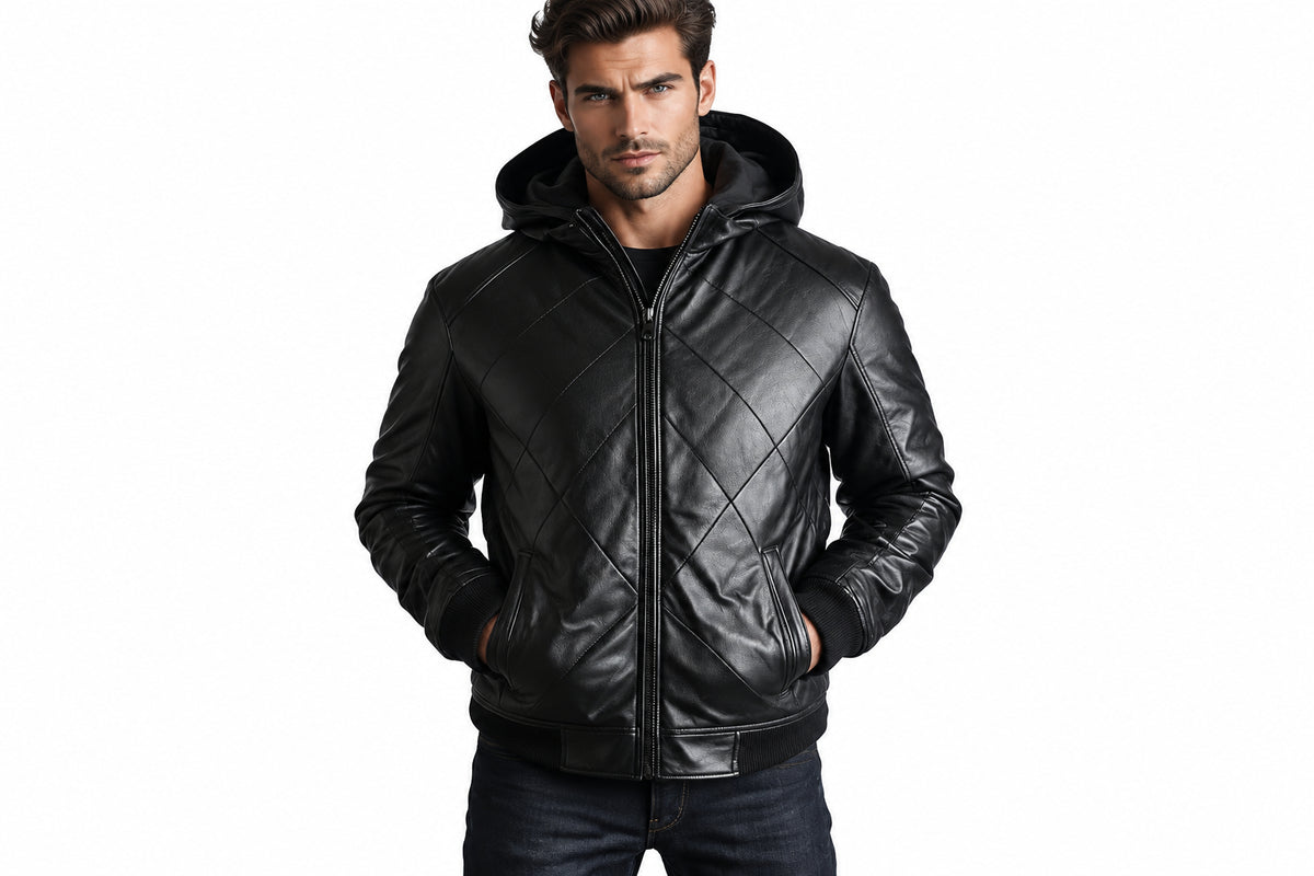 Front view of a man wearing the Night Forge Lambskin Leather Fashion Jacket featuring an attached hood, full-zip front, and quilted body.