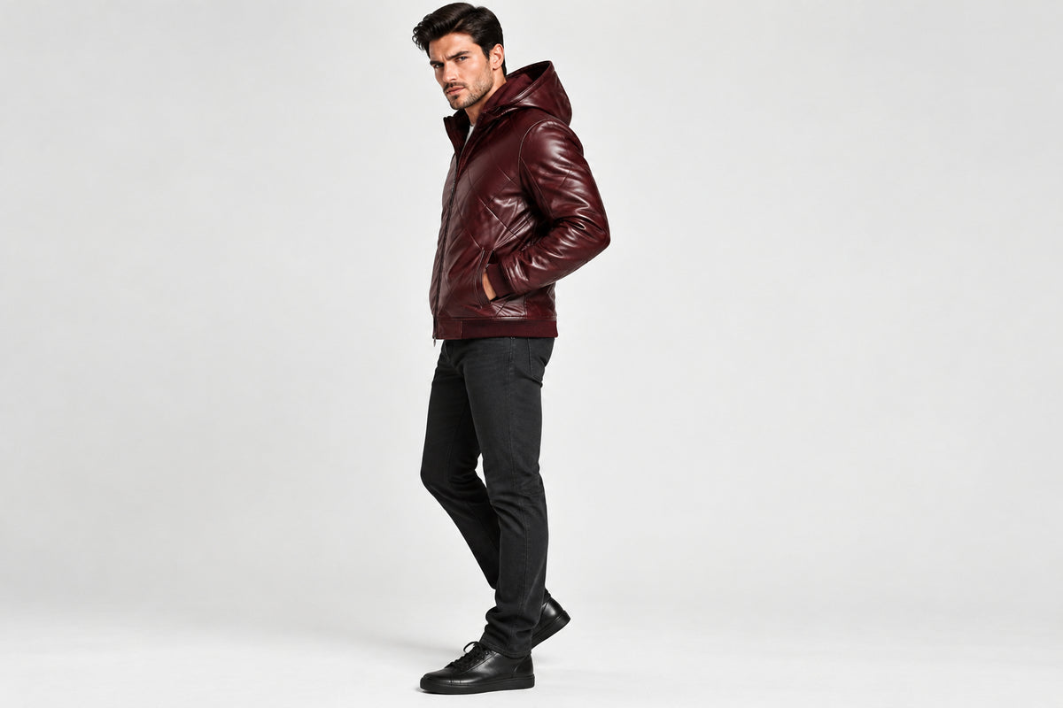 Side view of a man wearing the Night Forge Lambskin Leather Fashion Jacket featuring an attached hood, full-zip front, and quilted body.