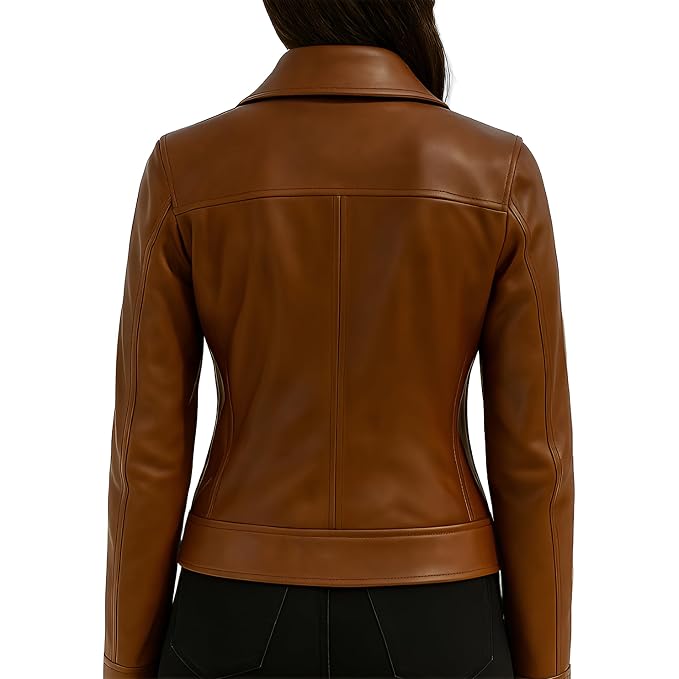 Nightedge women's rich cognac brown genuine Nappa leather tailored jacket featuring an oversized spread wing collar, metallic front zip closure, curved waist-sculpting princess seams, zippered side pockets, and custom made-to-measure fitting across the UK, USA, and Australia.back
