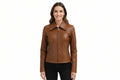 Nightedge women's rich cognac brown genuine Nappa leather tailored jacket featuring an oversized spread wing collar, metallic front zip closure, curved waist-sculpting princess seams, zippered side pockets, and custom made-to-measure fitting across the UK, USA, and Australia.