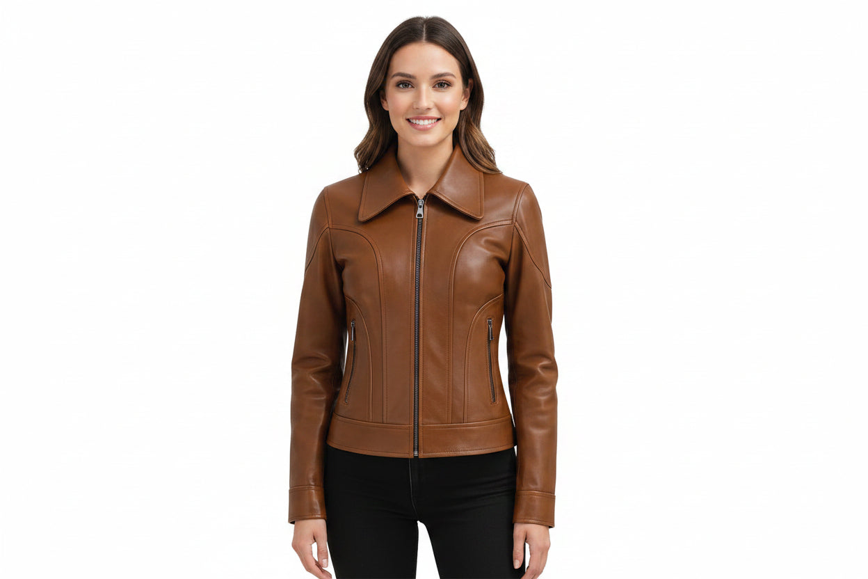 Nightedge women's rich cognac brown genuine Nappa leather tailored jacket featuring an oversized spread wing collar, metallic front zip closure, curved waist-sculpting princess seams, zippered side pockets, and custom made-to-measure fitting across the UK, USA, and Australia.