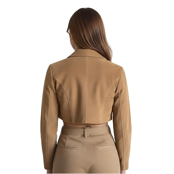 Nightforge women's warm camel tan genuine suede leather cropped jacket featuring a structured notch lapel collar, double-breasted four-button front closure, tailored full sleeves, high-waist cut, and custom made-to-measure fitting across the UK, USA, and Australia.back