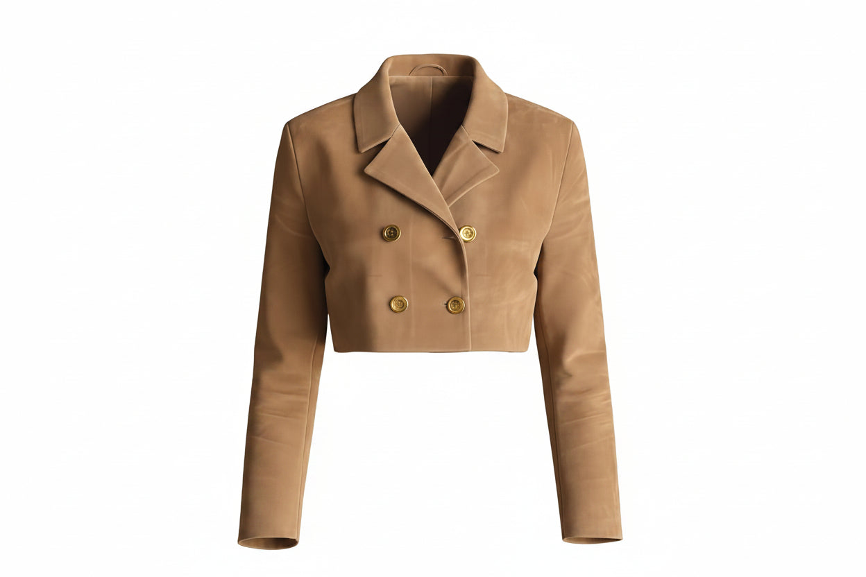 Nightforge women's warm camel tan genuine suede leather cropped jacket featuring a structured notch lapel collar, double-breasted four-button front closure, tailored full sleeves, high-waist cut, and custom made-to-measure fitting across the UK, USA, and Australia.