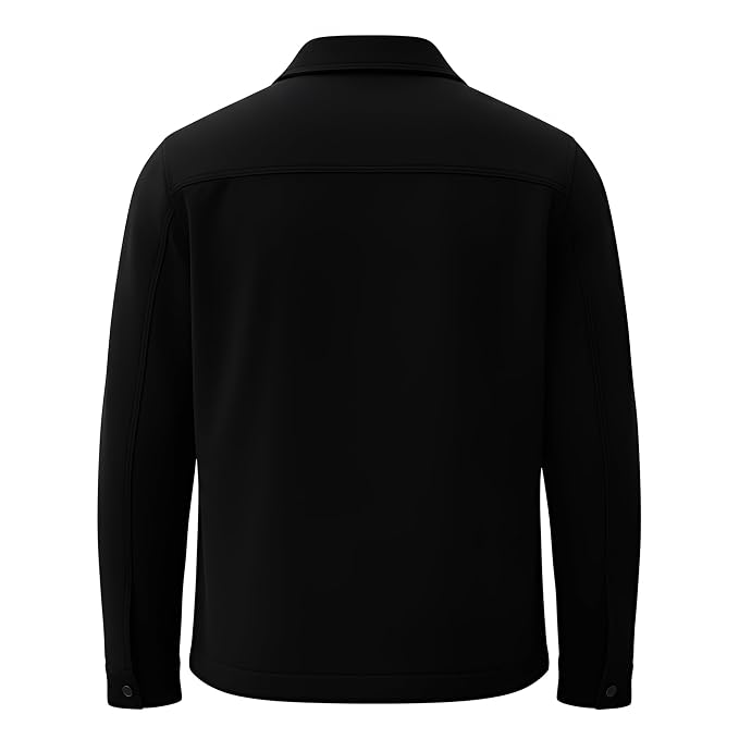 Back view of a man wearing the black Noble Edge Zipper Moto Suede Leather Jacket featuring a shirt collar, button closure, and chest pocket.   