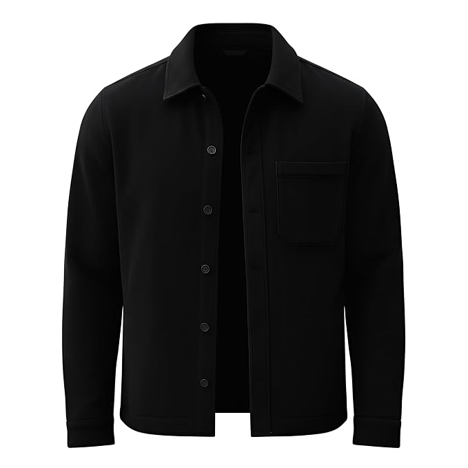 Front view of a man wearing the black Noble Edge Zipper Moto Suede Leather Jacket featuring a shirt collar, button closure, and chest pocket.   