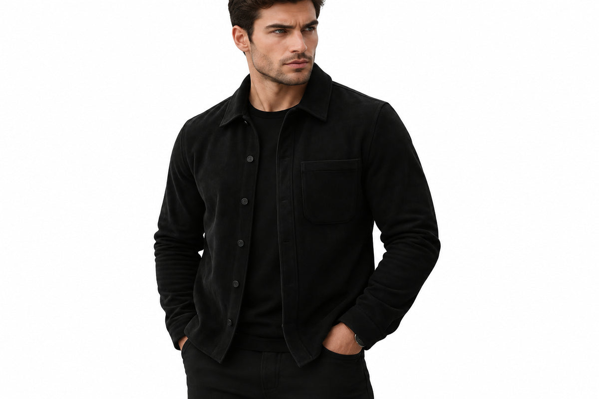 Side view of a man wearing the black Noble Edge Zipper Moto Suede Leather Jacket featuring a shirt collar, button closure, and chest pocket.