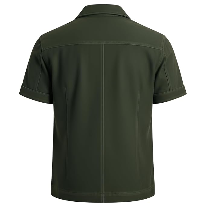 Back view of the olive green Noble Forge Vintage Brown Suede Leather Jacket featuring a shirt collar, button closure, and four utility pockets.   