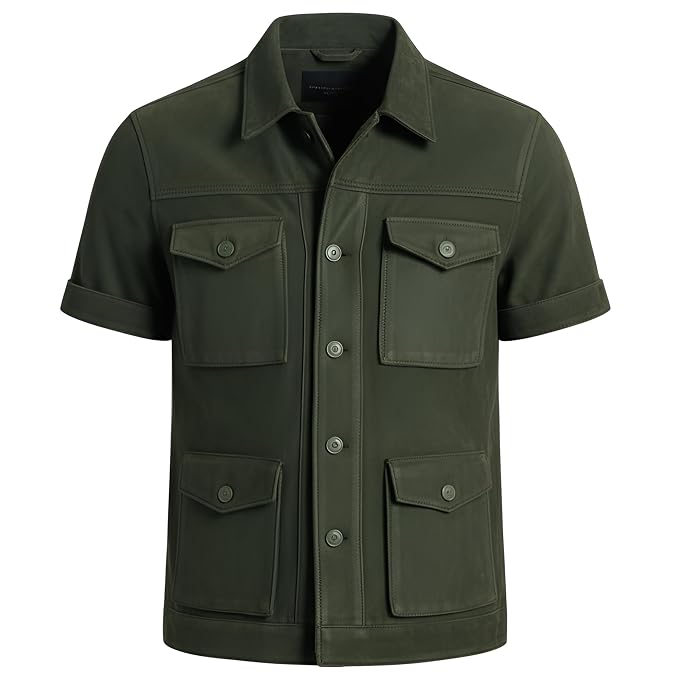 Front view of the olive green Noble Forge Vintage Brown Suede Leather Jacket featuring a shirt collar, button closure, and four utility pockets.   