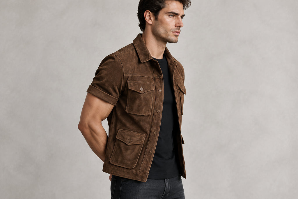 Side view of the olive green Noble Forge Vintage Brown Suede Leather Jacket featuring a shirt collar, button closure, and four utility pockets.   