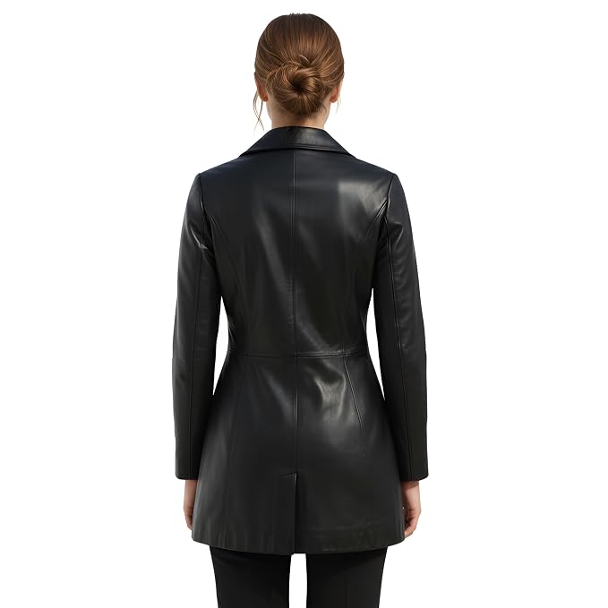 Noir Essence women's jet black genuine lambskin leather long coat featuring broad notch lapels, double-breasted six-button front closure, tailored waist seamwork, mid-thigh fit, and custom made-to-measure fitting across the UK, USA, and Australia.back