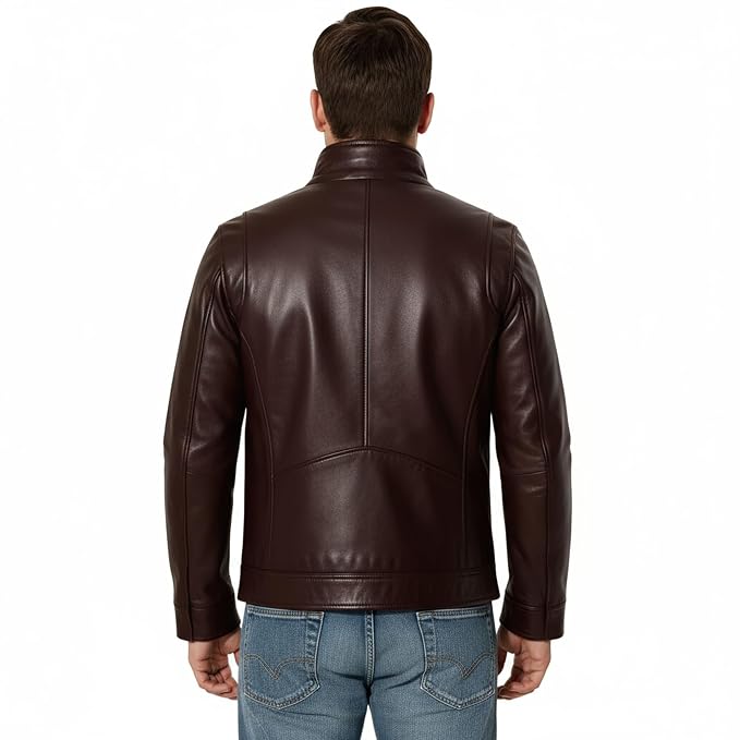 Back view of a man wearing the dark brown Noirforge Classic Genuine Lamb Leather Motorcycle Jacket featuring a stand collar and zip chest pockets.   