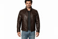 Front view of a man wearing the dark brown Noirforge Classic Genuine Lamb Leather Motorcycle Jacket featuring a stand collar and zip chest pockets.   