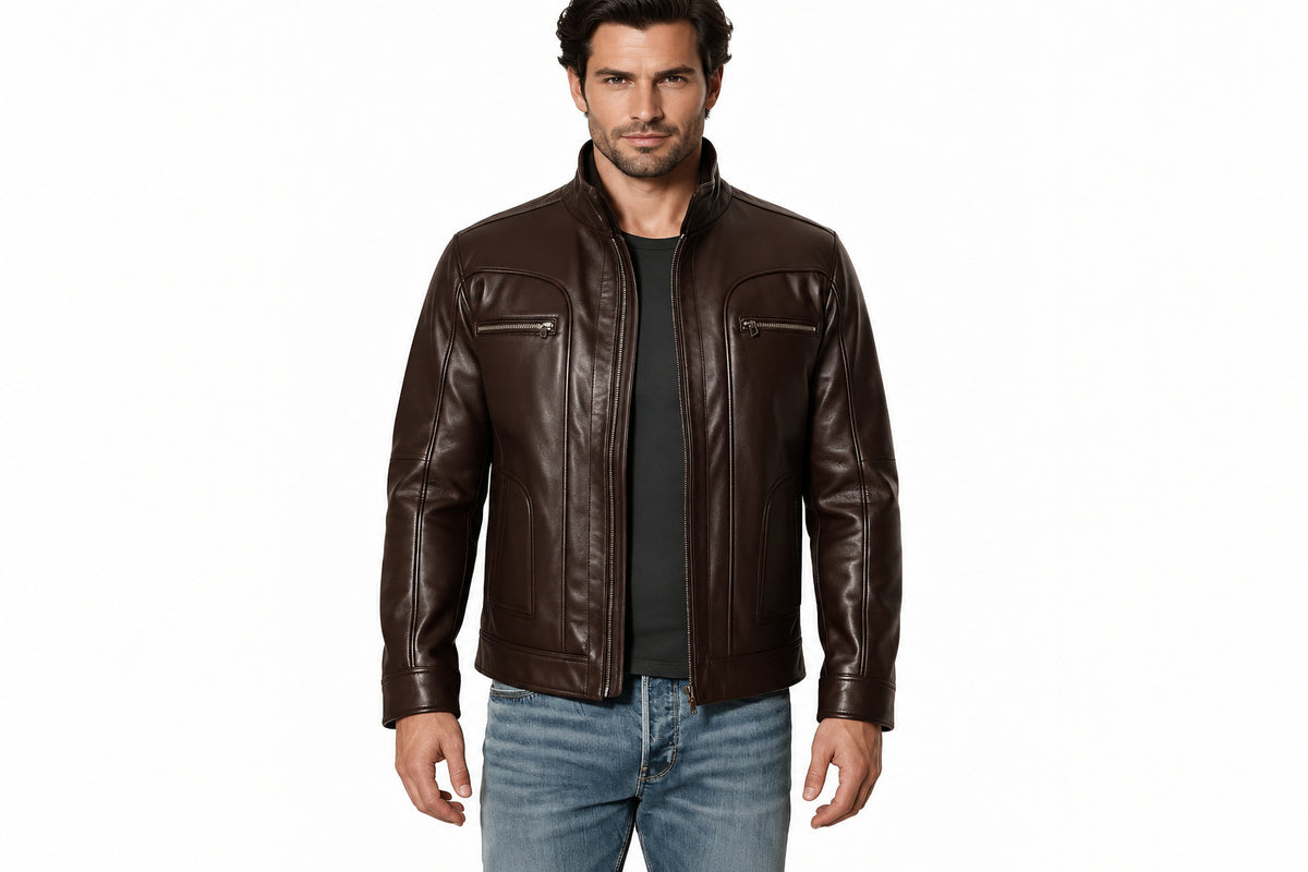 Front view of a man wearing the dark brown Noirforge Classic Genuine Lamb Leather Motorcycle Jacket featuring a stand collar and zip chest pockets.   