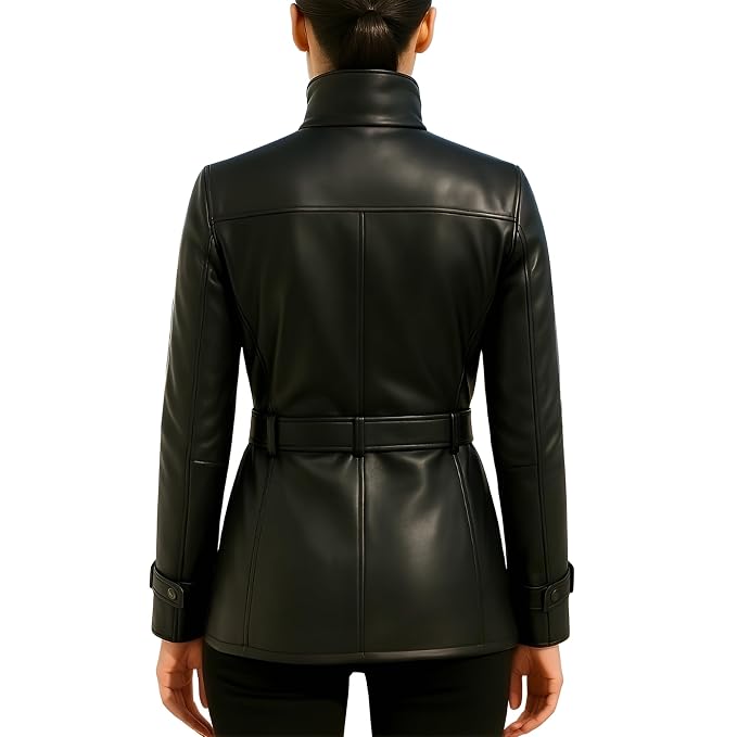 Noirgrain women's jet black genuine lambskin real leather jacket featuring a high stand collar, diamond-quilted chest yokes, matching grommeted waist belt, four snap-flap pockets, snap-buckle cuffs, and custom made-to-measure fitting across the UK, USA, and Australia.back