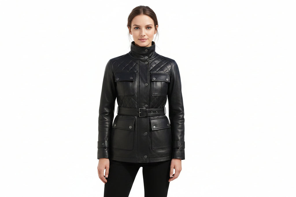 Noirgrain women's jet black genuine lambskin real leather jacket featuring a high stand collar, diamond-quilted chest yokes, matching grommeted waist belt, four snap-flap pockets, snap-buckle cuffs, and custom made-to-measure fitting across the UK, USA, and Australia.