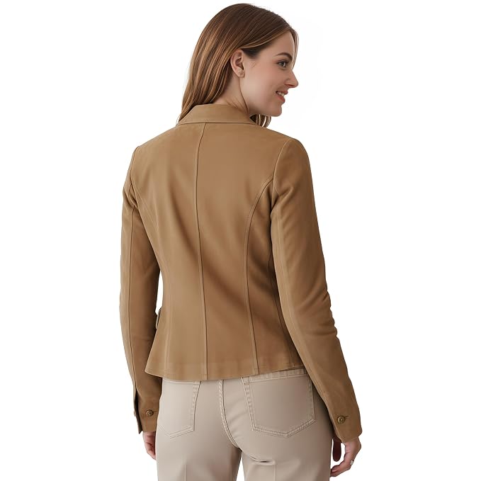 Nova Halo women's camel tan genuine lambskin suede vintage style coat featuring a classic notch lapel collar, single-breasted button front closure, waist flap pockets, buttoned sleeve cuffs, and custom made-to-measure fitting across the UK, USA, and Australia.back