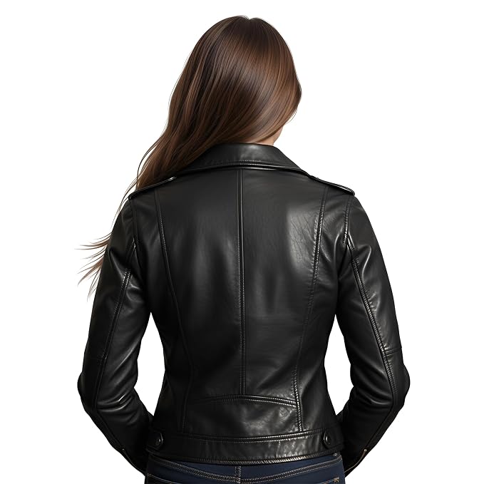 Obsidian Forge women's jet black genuine lambskin real leather jacket featuring a classic point collar, metallic front zip closure, dual double-snap flap chest pockets, vertical zippered waist pockets, sculpted seam paneling, and custom made-to-measure fitting across the UK, USA, and Australia.back