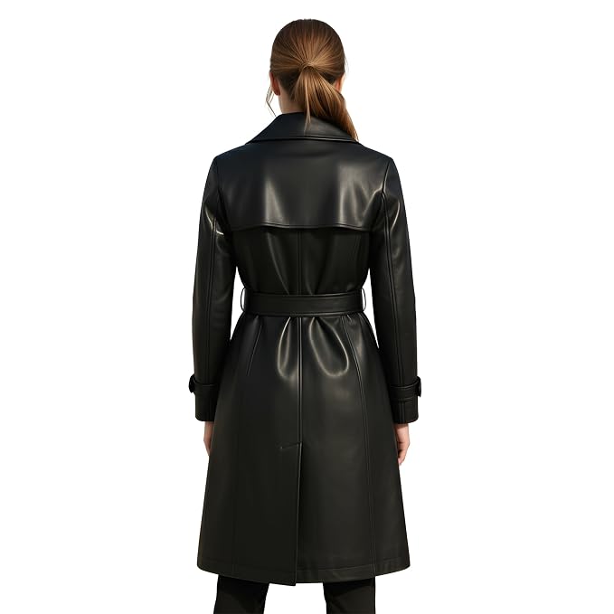 Obsidian Rose women's jet black genuine Nappa leather long trench coat featuring broad notch lapels, buckle-fastened waist belt, ribbed-detail side welt pockets, adjustable cuff straps, below-the-knee fit, and custom made-to-measure fitting across the UK, USA, and Australia.