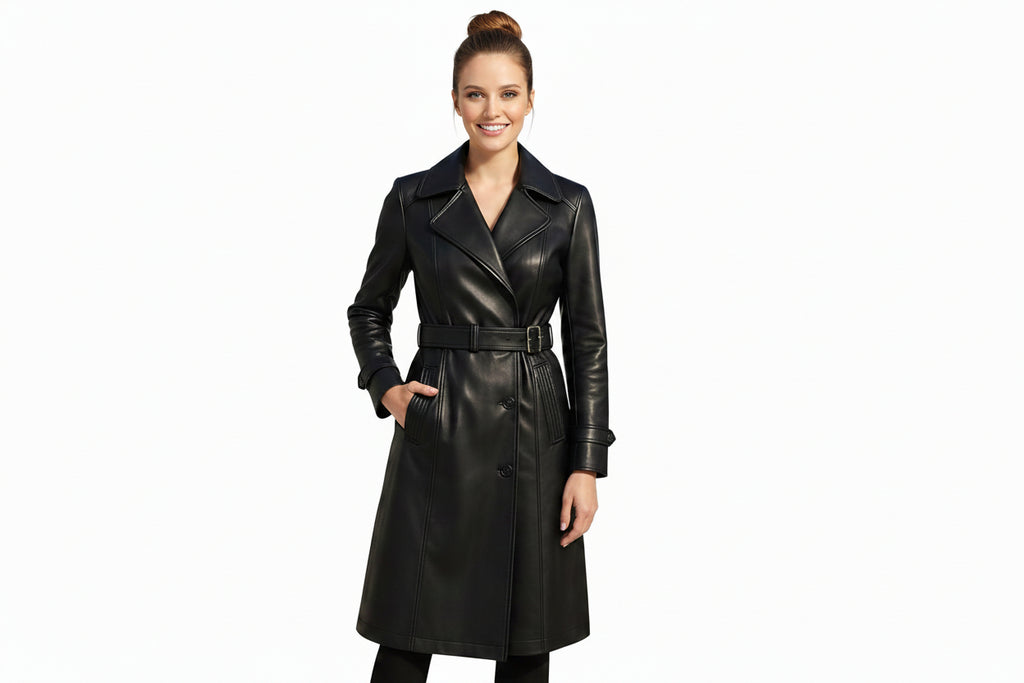 Obsidian Rose women's jet black genuine Nappa leather long trench coat featuring broad notch lapels, buckle-fastened waist belt, ribbed-detail side welt pockets, adjustable cuff straps, below-the-knee fit, and custom made-to-measure fitting across the UK, USA, and Australia.