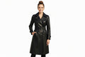 Obsidian Rose women's jet black genuine Nappa leather long trench coat featuring broad notch lapels, buckle-fastened waist belt, ribbed-detail side welt pockets, adjustable cuff straps, below-the-knee fit, and custom made-to-measure fitting across the UK, USA, and Australia.