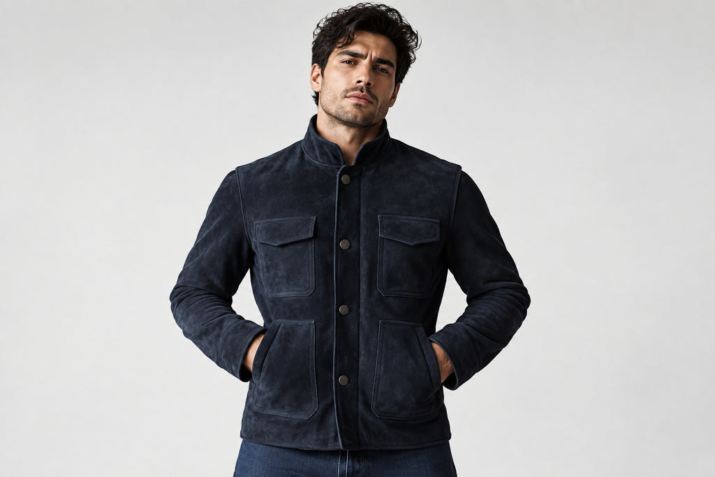 Front view of a man wearing the navy blue Obsidian Stitch Supreme Heritage Suede Jackets featuring a stand collar, button closure, and utility pockets.
