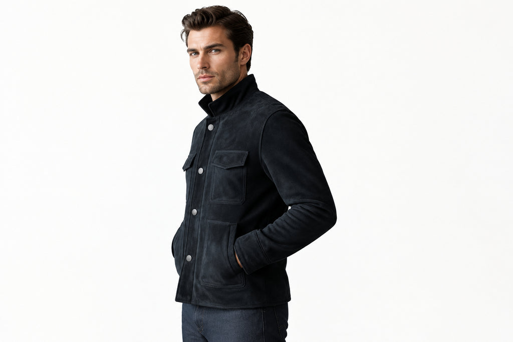 Side view of a man wearing the navy blue Obsidian Stitch Supreme Heritage Suede Jackets featuring a stand collar, button closure, and utility pockets.