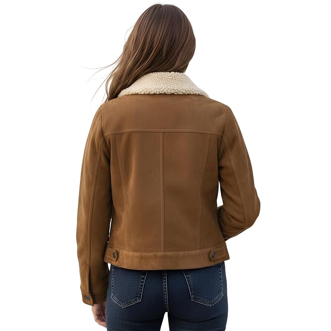 Obsidianclad women's tobacco brown genuine suede leather jacket featuring a plush cream shearling fleece collar, front button closure, dual flap chest pockets, structured waistband, full sleeves, and custom made-to-measure fitting across the UK, USA, and Australia.back