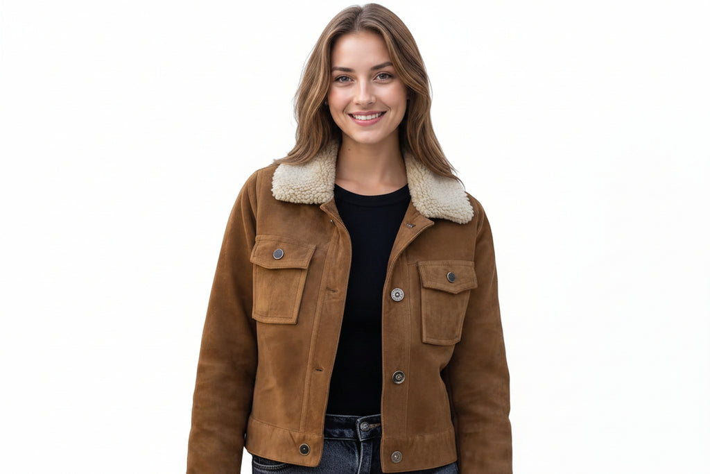 Obsidianclad women's tobacco brown genuine suede leather jacket featuring a plush cream shearling fleece collar, front button closure, dual flap chest pockets, structured waistband, full sleeves, and custom made-to-measure fitting across the UK, USA, and Australia.