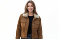Obsidianclad women's tobacco brown genuine suede leather jacket featuring a plush cream shearling fleece collar, front button closure, dual flap chest pockets, structured waistband, full sleeves, and custom made-to-measure fitting across the UK, USA, and Australia.