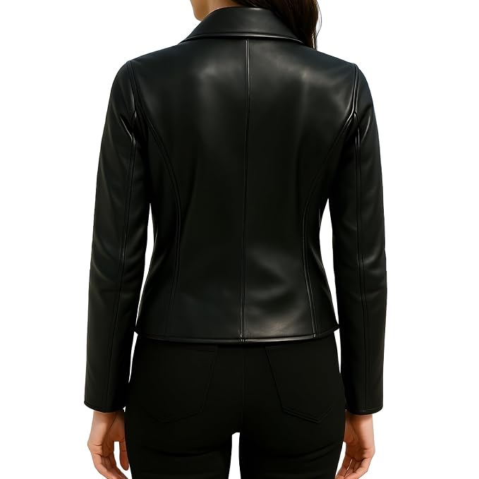 Obsidianedge women's jet black genuine lambskin real leather biker jacket featuring wide notch lapels with silver press studs, diagonal asymmetric snap closure, vertical jetted side pockets, full sleeves, and custom made-to-measure fitting across the UK, USA, and Australia.back