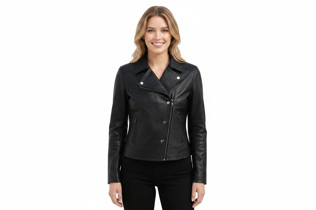 Obsidianedge women's jet black genuine lambskin real leather biker jacket featuring wide notch lapels with silver press studs, diagonal asymmetric snap closure, vertical jetted side pockets, full sleeves, and custom made-to-measure fitting across the UK, USA, and Australia.