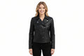 Obsidianedge women's jet black genuine lambskin real leather biker jacket featuring wide notch lapels with silver press studs, diagonal asymmetric snap closure, vertical jetted side pockets, full sleeves, and custom made-to-measure fitting across the UK, USA, and Australia.