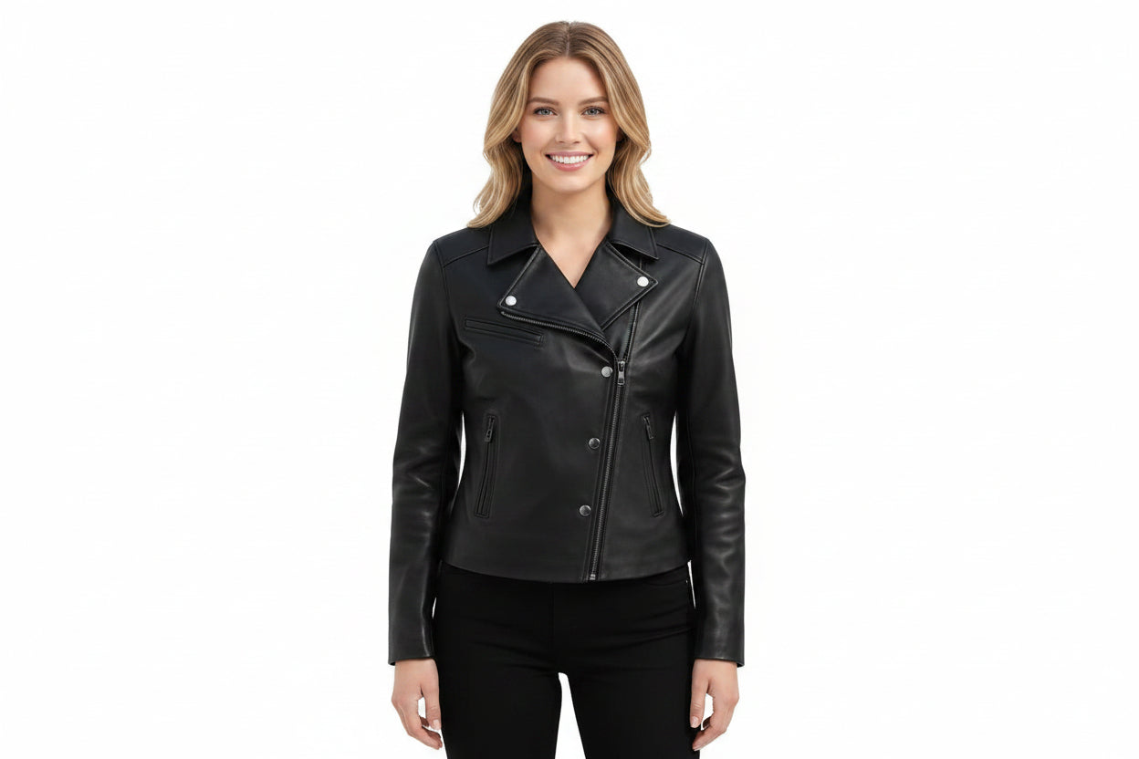Obsidianedge women's jet black genuine lambskin real leather biker jacket featuring wide notch lapels with silver press studs, diagonal asymmetric snap closure, vertical jetted side pockets, full sleeves, and custom made-to-measure fitting across the UK, USA, and Australia.