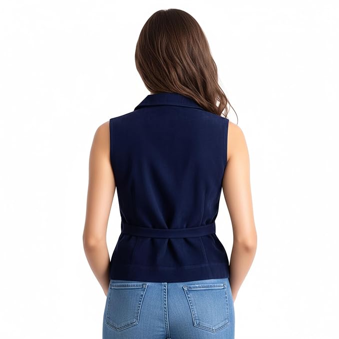 Opal Arcane women's deep navy blue genuine suede leather biker style vest featuring a sharp pointed collar, deep V-neckline, integrated self-tie waist sash, contoured tailored fit, and custom made-to-measure fitting across the UK, USA, and Australia.back