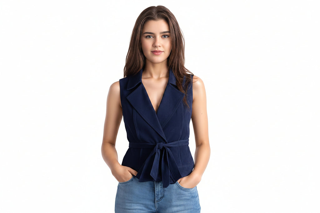Opal Arcane women's deep navy blue genuine suede leather biker style vest featuring a sharp pointed collar, deep V-neckline, integrated self-tie waist sash, contoured tailored fit, and custom made-to-measure fitting across the UK, USA, and Australia.
