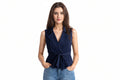 Opal Arcane women's deep navy blue genuine suede leather biker style vest featuring a sharp pointed collar, deep V-neckline, integrated self-tie waist sash, contoured tailored fit, and custom made-to-measure fitting across the UK, USA, and Australia.
