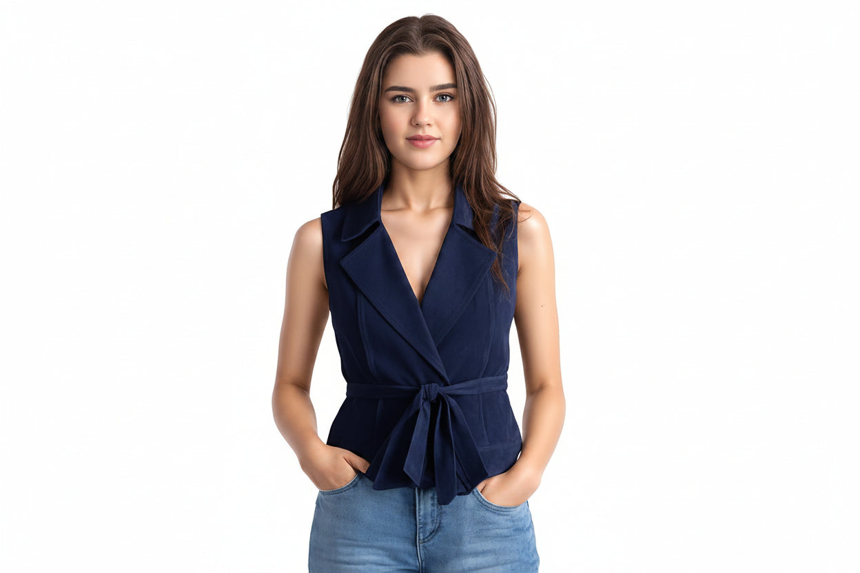 Opal Arcane women's deep navy blue genuine suede leather biker style vest featuring a sharp pointed collar, deep V-neckline, integrated self-tie waist sash, contoured tailored fit, and custom made-to-measure fitting across the UK, USA, and Australia.