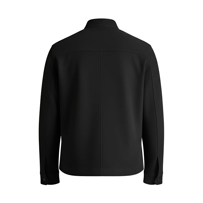 Back view of a man wearing the black Opulent Grain Cafe Racer Suede Leather Jacket featuring a stand collar, button closure, and chest pocket.