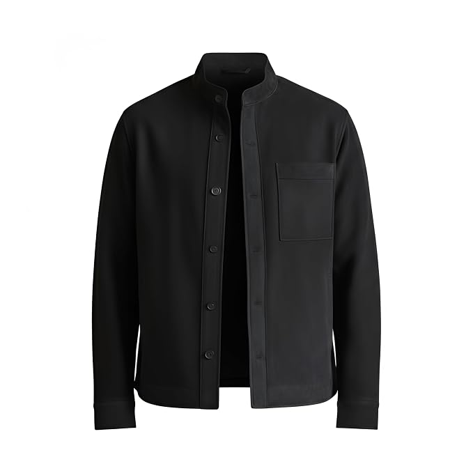 Front view of a man wearing the black Opulent Grain Cafe Racer Suede Leather Jacket featuring a stand collar, button closure, and chest pocket.