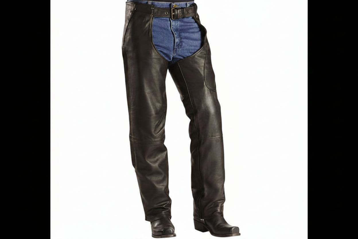 Black leather motorcycle chaps worn over blue jeans, featuring a belt with silver studs and black leather chaps boots, shown against a plain white background.
