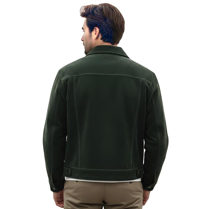 Back view of a man wearing the olive green Pelt Crown Prestige Tailored Suede Leather Jackets featuring a shirt collar, zip closure, and chest flap pockets.   