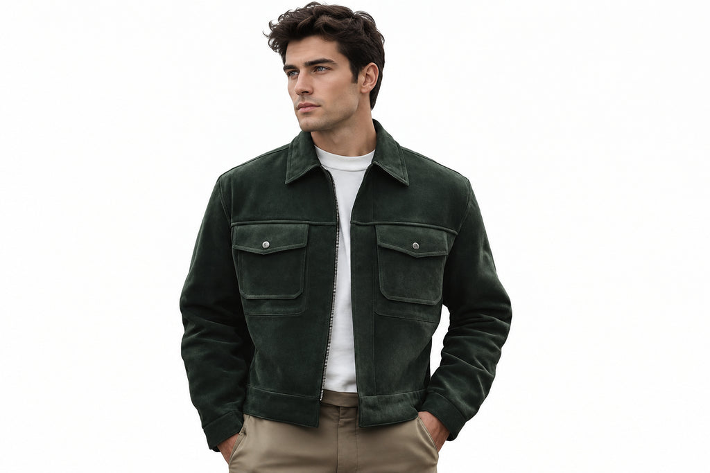 Front view of a man wearing the olive green Pelt Crown Prestige Tailored Suede Leather Jackets featuring a shirt collar, zip closure, and chest flap pockets.