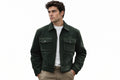 Front view of a man wearing the olive green Pelt Crown Prestige Tailored Suede Leather Jackets featuring a shirt collar, zip closure, and chest flap pockets.