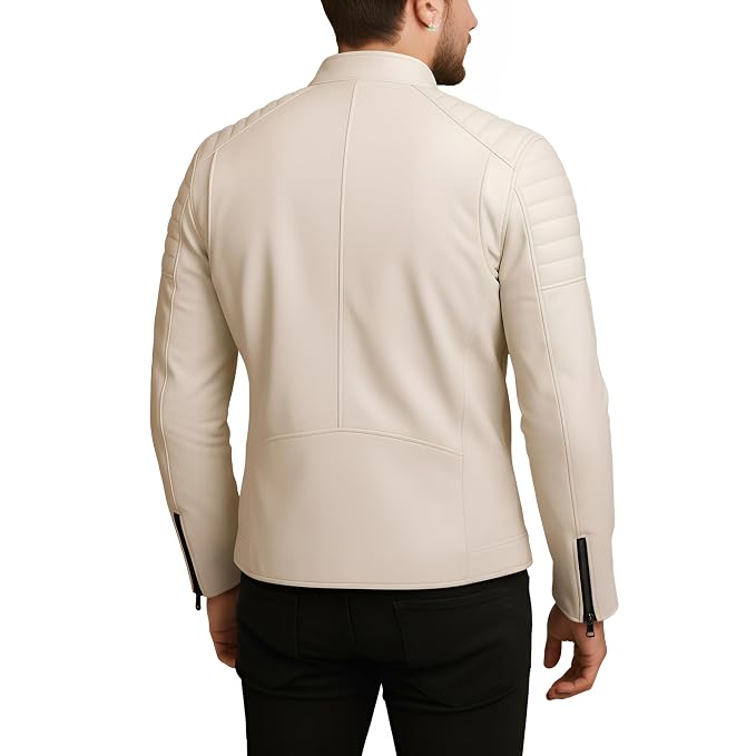 Back view of a man wearing the cream Phantom Forge City Style Lambskin Bomber Jacket featuring an asymmetrical zip and quilted shoulders.   